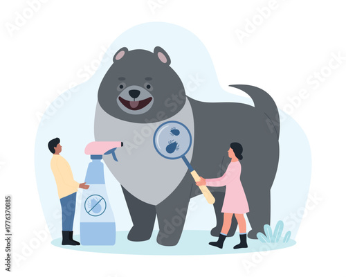 Diagnosis of parasite infection by veterinarian vector illustration. Cartoon tiny doctors with magnifying glass look for fleas and ticks on dirty dogs fur and skin, control insects with treatment