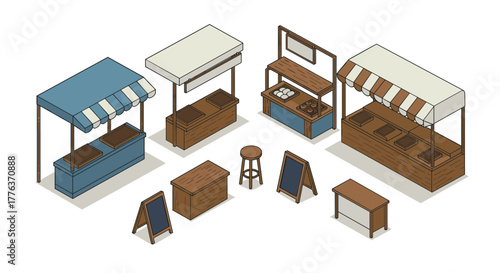 Isometric market stalls set with striped canopies and chalkboard signs for retail design