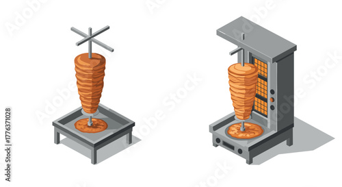 Isometric rotisserie grilled shawarma meat on skewers and machines
