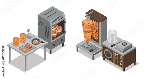 Isometric kitchen setup with shawarma grill and pizza oven cooking scene