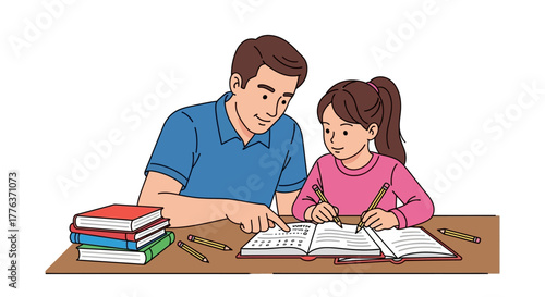 Caring father helping his daughter with her homework, a concept of family learning and support at home
