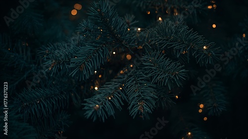A close-up shot of a Christmas tree adorned with twinkling lights, creating a warm and festive atmosphere. The evergreen branches are a rich, deep green, illuminated by the soft glow of the lights.