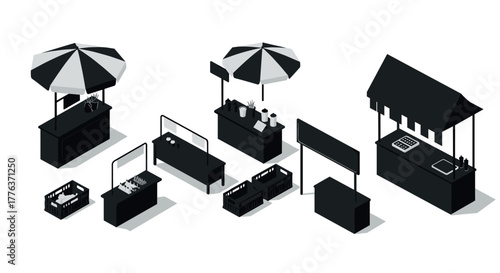 Isometric black and white market stalls with umbrellas and baskets