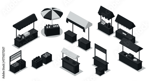 Monochrome market stalls isometric design