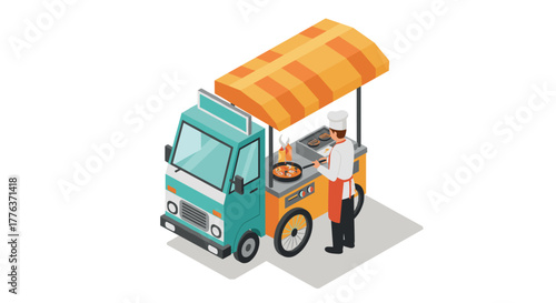 Isometric food truck with chef cooking street cuisine under striped awning
