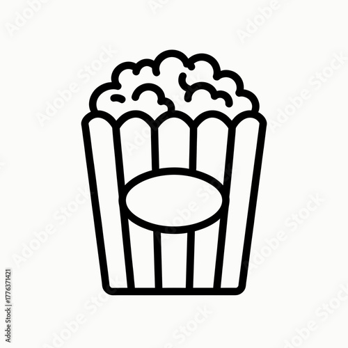 Popcorn bucket icon in black outline, minimal style, Super Bowl snack time concept