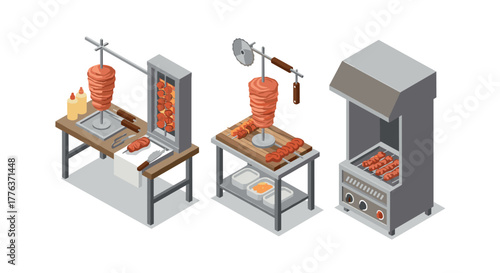 Isometric doner kebab machines and accessories for modern restaurant kitchen design