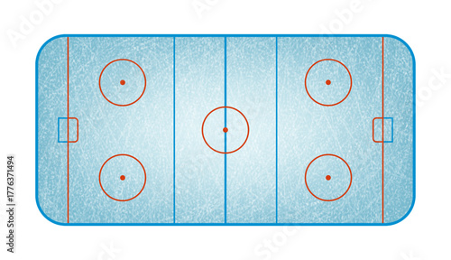 Top view of a realistic texture hockey ice rink with all standard markings, including the center line, blue lines, face-off circle