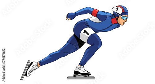 Speed skater in a blue and red suit, leaning forward in motion on an ice rink, illustration