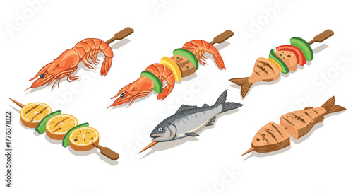 Isometric grilled seafood skewers with vegetables and citrus slices