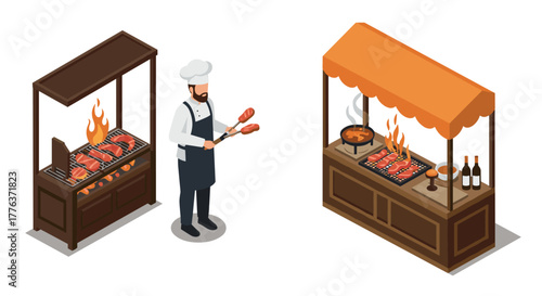 Isometric outdoor barbecue chef with grill and food stall under orange canopy