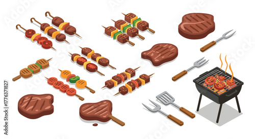 Isometric barbecue set with grilled skewers and steak elements