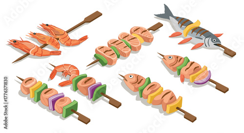 Isometric grilled seafood skewers: shrimp, fish, and vegetables assortment