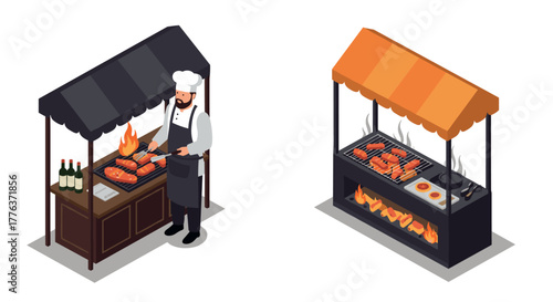 Outdoor barbecue chef cooking grilled meat on open flame stalls