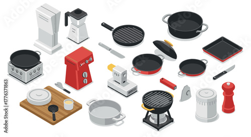 Isometric kitchen appliances and utensils set in modern design
