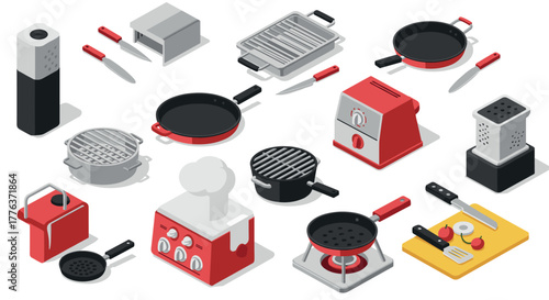 Modern kitchen utensils set in isometric style for culinary design and inspiration