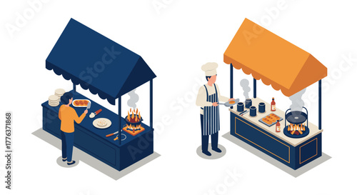 Street food stall with chefs cooking delicious meals under colorful awnings in isometric design