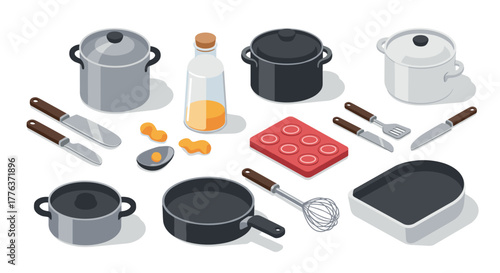 Isometric kitchenware set featuring pots, pans, and utensils in modern design