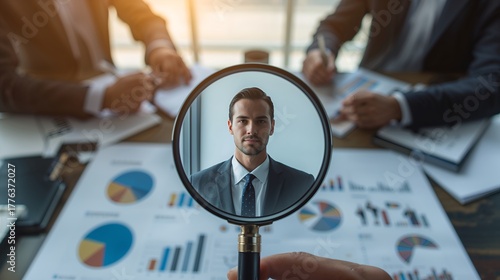 The magnifying glass focuses on a man in a business suit, symbolizing assessment