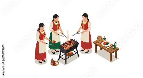 Isometric outdoor barbecue scene with women cooking on grill