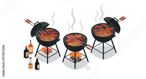 Isometric bbq grill setup with steaks and drinks on white background
