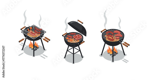 Grilling time: isometric charcoal grills with meat in various stages of cooking