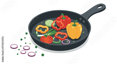 Colorful vegetables in frying pan: fresh ingredients for healthy cooking