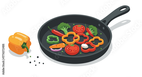 Vibrant vegetables cooking in a pan with colorful bell peppers and fresh ingredients
