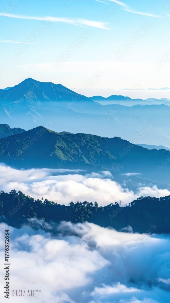 custom made wallpaper toronto digitalMountainscape's Mist: The majestic landscape unfolds with layers of mountains, enveloped in a soft, ethereal mist under a clear, bright sky. A symphony of nature's beauty and tranquility.