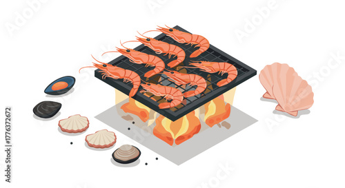 Grilled seafood isometric design with shrimp and clams on fire