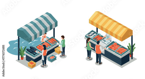 Isometric fish market stalls: vibrant outdoor seafood shopping experience