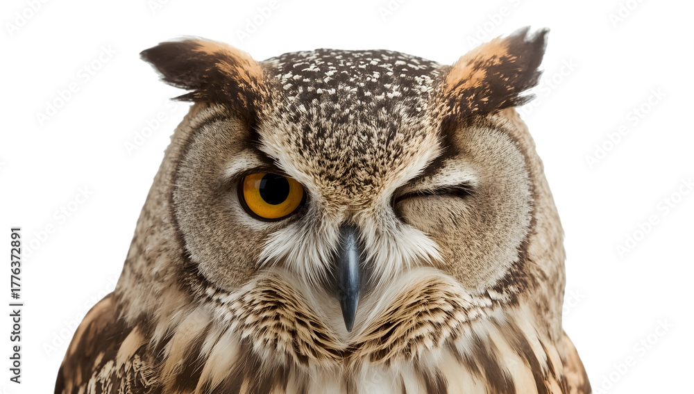Fototapeta premium Winking owl closeup on the transparent background, playful eurasian eagle owl face detail, expressive bird of prey with striking eyes and feathers