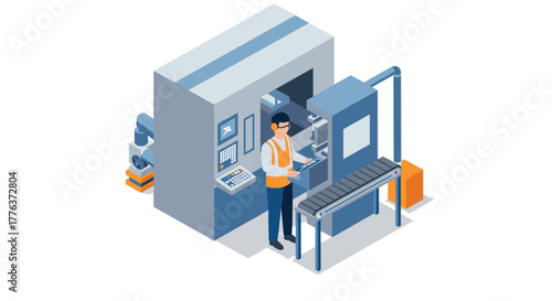 Industrial factory worker operating machinery in modern manufacturing setting