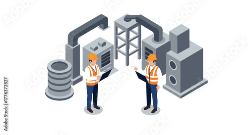 Isometric industrial workers analyzing factory machinery and equipment design
