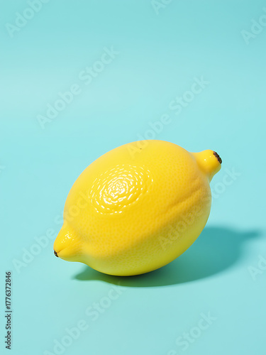 vibrant lemon graphic dominates forefront soft serene pastel blue background flat lay