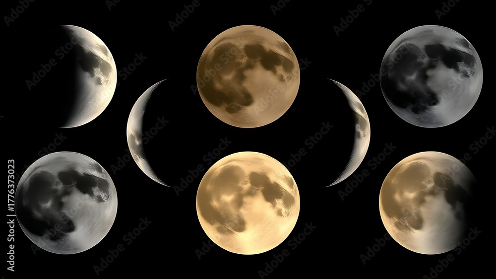 Naklejka premium waning. Five moon phases each depicting a unique scientific phenomenon artistically. STEM education sheets, lab safety posters, designed for biotech research communications.
