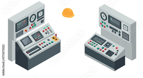 Isometric control panels with safety helmet in industrial setting