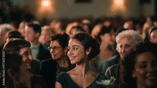 Beautiful young woman sitting in a crowded auditorium, smiling and captivated by a live performance while the engaged audience around her enjoys the show and atmosphere
