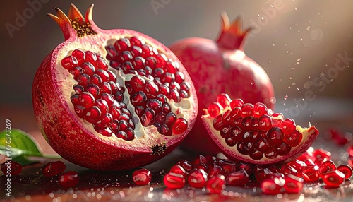 Juicy Ripe Pomegranates One Cut Open Revealing Seeds In A Still Life Arrangement With Natural Lighting And A Shallow Depth Of Field