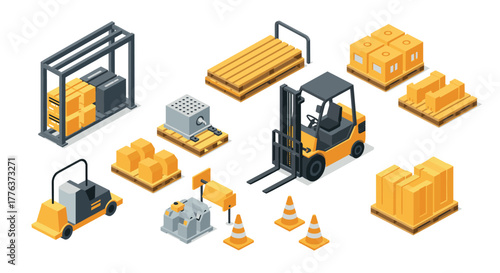 Modern warehouse equipment and cargo icons in isometric style