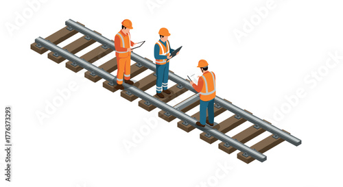 Isometric railway workers analyzing plans on train tracks