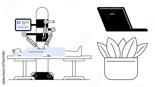 Robotic arm performing surgery on patient, surrounded by medical display, laptop, and potted plant. Ideal for healthcare, surgery, technology, innovation, automation digital tools and precision