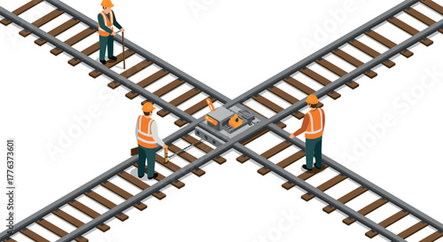Isometric railroad intersection with construction workers in safety gear