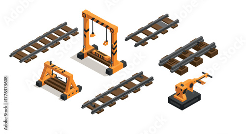 Isometric railway construction elements with crane and robotic arm