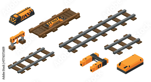 Isometric railroad construction elements set with various track pieces and trains