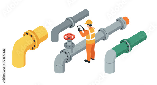 Industrial pipeline system with engineer inspecting in isometric style
