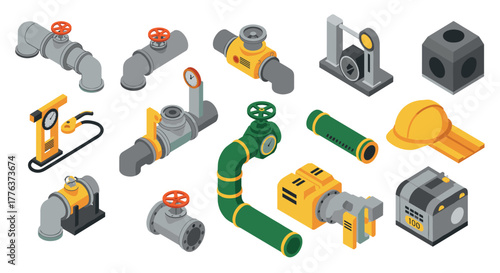 Industrial equipment and tools in isometric style: pipes, valves, and machinery components