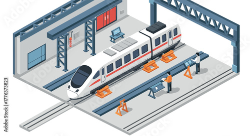 Modern isometric train maintenance facility with engineers and equipment