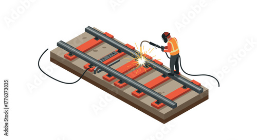 Isometric welding worker on train tracks: construction safety and engineering concept
