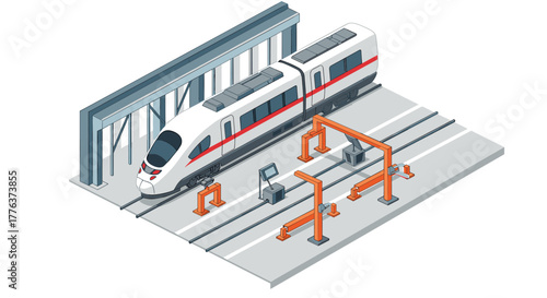 High-speed train at maintenance depot with modern railway equipment in isometric design